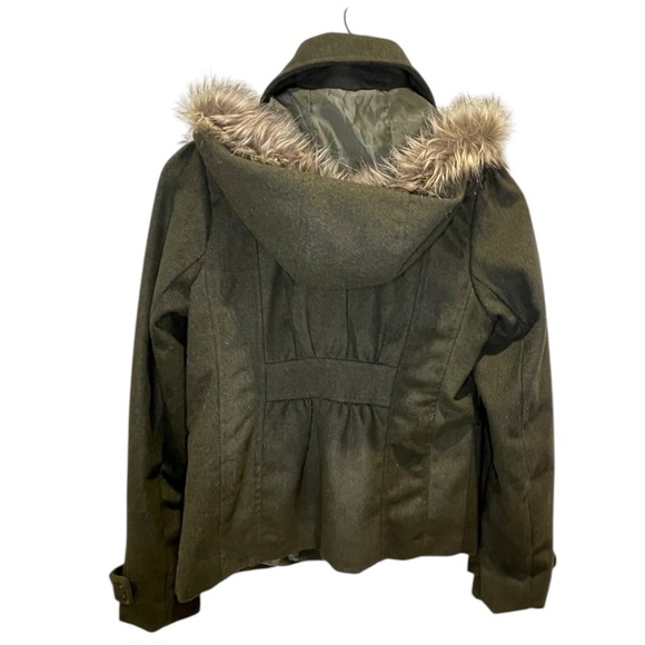 WET SEAL Women's Olive Green Toggle Jacket with Faux Fur Trim Size: S - Picture 2 of 9